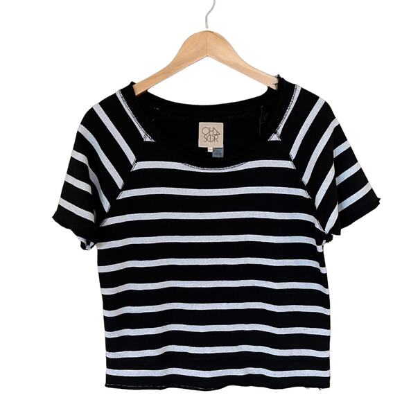 CHASER Striped Black Linen French Terry Sweatshirt Tee Raw Hem Short Sleeves XS - Picture 1 of 9